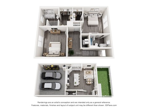 A 3D floor plan of a house with a garage and a green lawn.